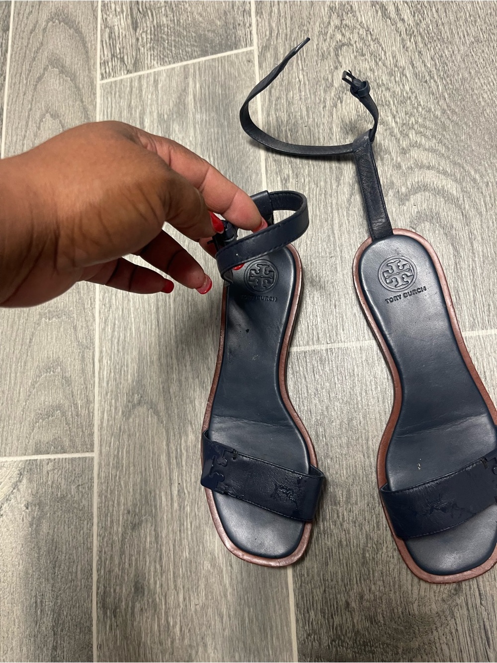 Tory Burch Navy Leather Ankle-Strap Flat Sandals